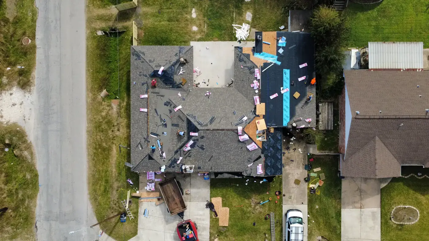 Straight-down view of a roof replacement in progress
